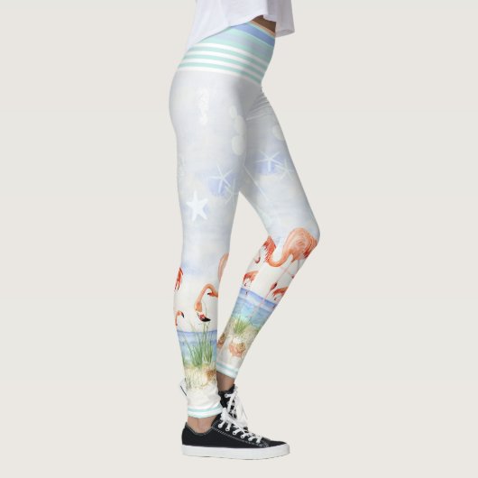 Flamingo Birds Ocean Beach Seashell Stripte Kunst Leggings (Rechts)