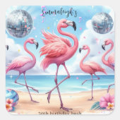 Flamingo Birthday Beach Party Quadratischer Aufkleber (Vorderseite)