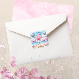 Flamingo Birthday Beach Party Quadratischer Aufkleber
