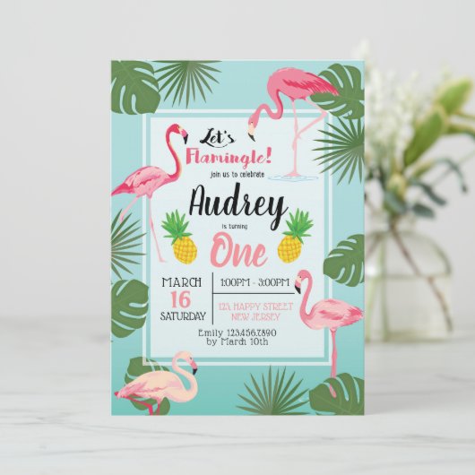 Flamingo Birthday Einladung (Stehend Vorderseite)