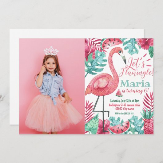 Flamingo Birthday Einladung Foto Flamingo (Vorne/Hinten)