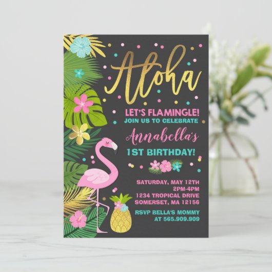 Flamingo Birthday Einladung Topical Luau Party (Stehend Vorderseite)