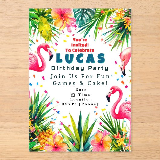 Flamingo Birthday Invitation – Personalized Kids Acryleinladungen (Vorderseite)