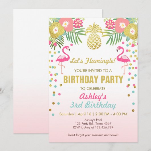 Flamingo Birthday Party Einladung Tropical Hawaii (Vorne/Hinten)