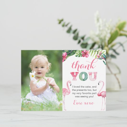 Flamingo Birthday Party Picture Dankeskarte (Stehend Vorderseite)