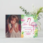 Flamingo Birthday Pool Party Tropical Girl Foto Einladung (Stehend Vorderseite)