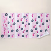 Flamingo-blaue Blume-Muster, weiße rosa Streifen Strandtuch (Vorderseite)