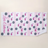 Flamingo-blaue Blume-Muster, weiße rosa Streifen Strandtuch (Vorderseite)