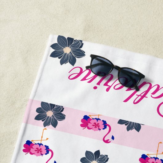 Flamingo-blaue Blume-Muster, weiße rosa Streifen Strandtuch (Beispiel)