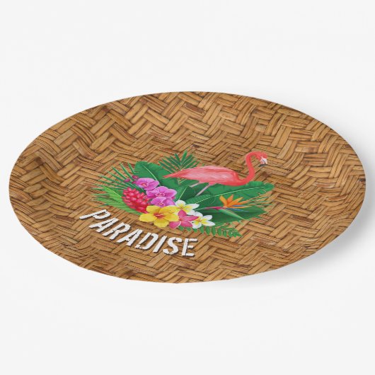 Flamingo-Blume auf Wicker-Muster Pappteller (Schrägansicht)
