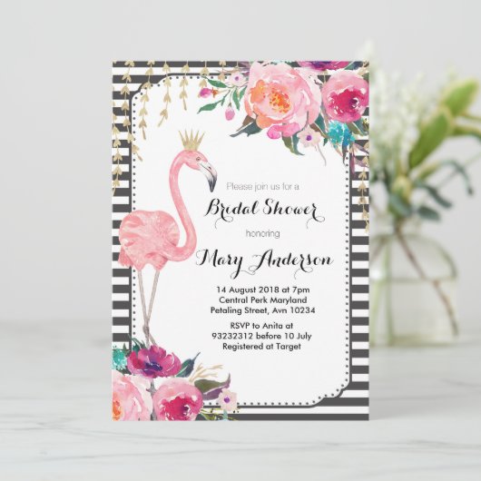 Flamingo Bridal Dusche Einladung Schwarz-weiß (Stehend Vorderseite)