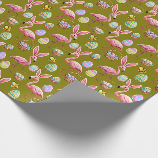 Flamingo Bunny Ears - olive Geschenkpapier (Ecke)