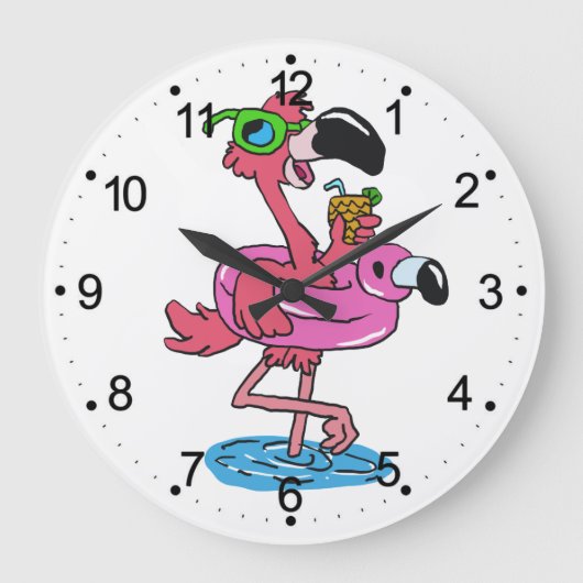 Flamingo-Cartoon| Hintergrundfarbe Große Wanduhr (Vorderseite)