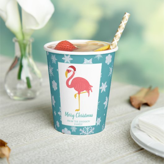 Flamingo Christmas Snowflake Blue Tropical Family Pappbecher (In Situ)