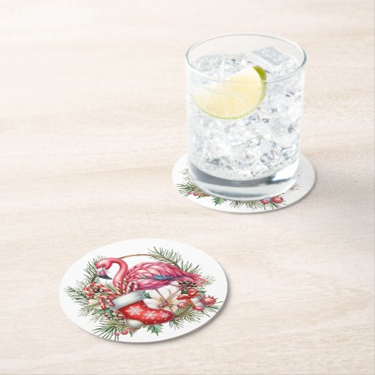 Flamingo Christmas Themed Runder Pappuntersetzer (Vor Ort)