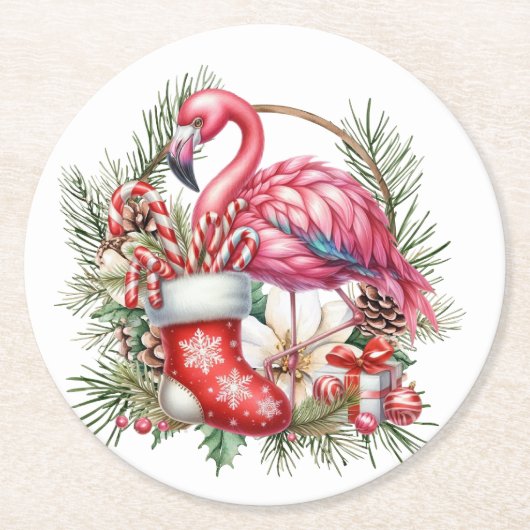 Flamingo Christmas Themed Runder Pappuntersetzer (Vorderseite)