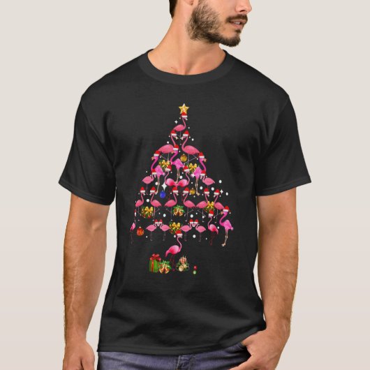 Flamingo Christmas Tree Santa Hat Xmas Light Merry T-Shirt (Vorderseite)