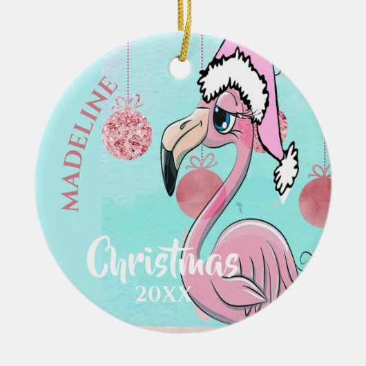 Flamingo Christmas Weihnachtsmannmütze Blue Pink G Keramik Ornament (Vorne)