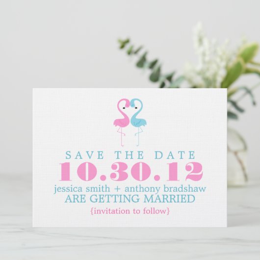 Flamingo Couple Wedding Save the Date Einladung (Stehend Vorderseite)