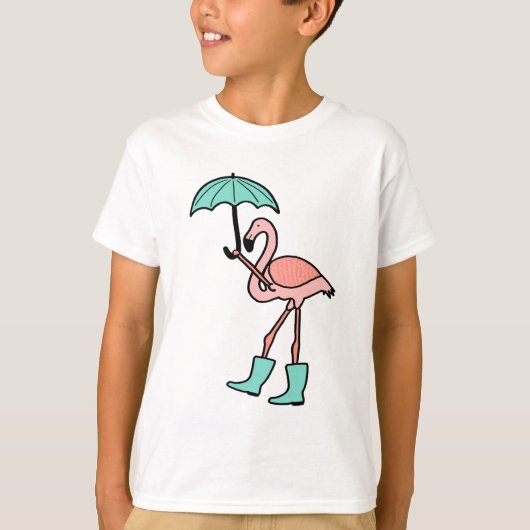 Flamingo, der Regenschirm hält und Regen-Stiefel T-Shirt (Vorderseite)