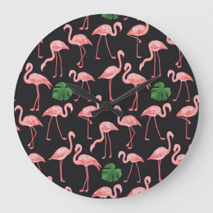 Flamingo Elegance: Vintag Monstera Fusion. Große Wanduhr