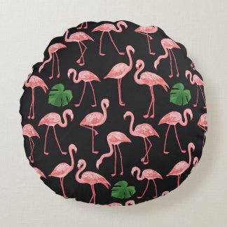 Flamingo Elegance: Vintag Monstera Fusion. Rundes Kissen