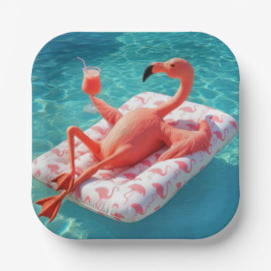Flamingo entspannt sich auf einer Poolmatratze Pappteller