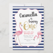 Flamingo Erster Geburtstag Einladung Marine Streif (Vorderseite)
