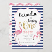 Flamingo Erster Geburtstag Einladung Marine Streif (Vorne/Hinten)