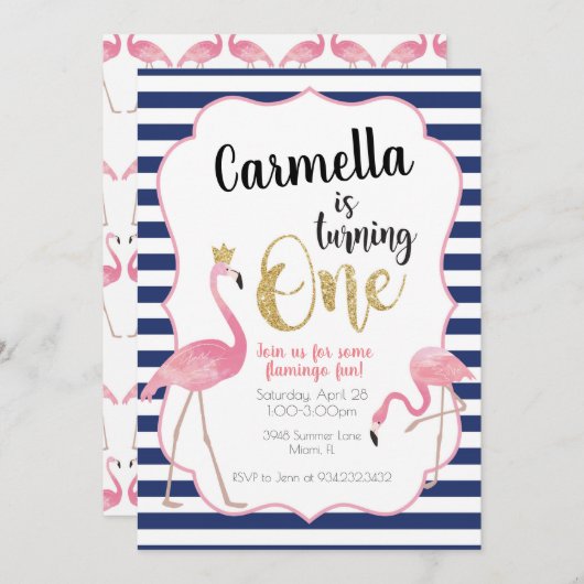 Flamingo Erster Geburtstag Einladung Marine Streif (Vorne/Hinten)