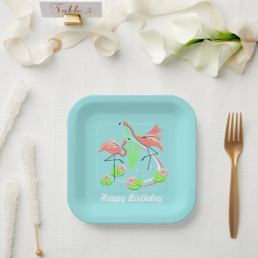 Flamingo Fandango Duo Happy Birthday Square Pappteller (Hochzeit)
