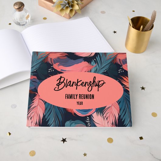 Flamingo Feathers Family Wiedersehen Party Essenti Gästebuch (Vorderseite Offen)