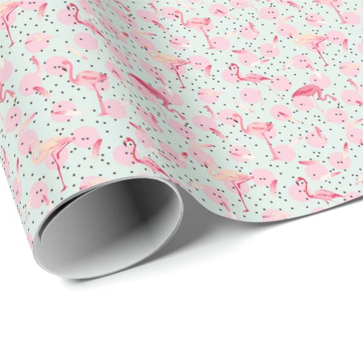 Flamingo Feathers on Polka Dots Geschenkpapier (Rolleneckpunkt)