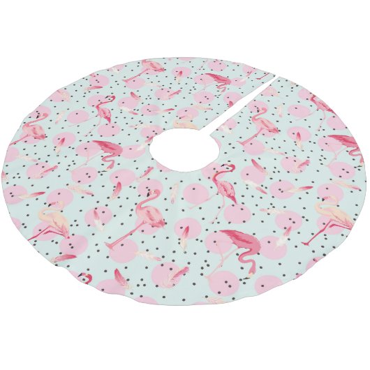 Flamingo-Federn auf Polka-Punkten Polyester Weihnachtsbaumdecke (Schrägansicht)