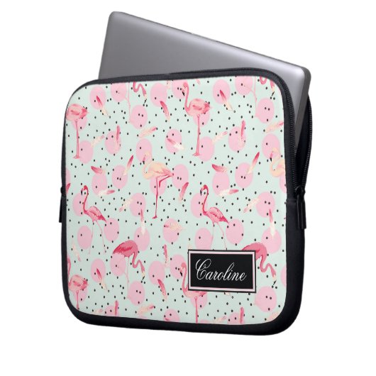 Flamingo-Federn auf Tupfen | addieren Ihren Namen Laptopschutzhülle (Vorderseite Links)