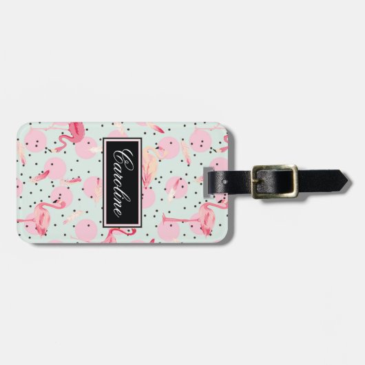 Flamingo-Federn auf Tupfen Gepäckanhänger (Vorderseite horizontal)