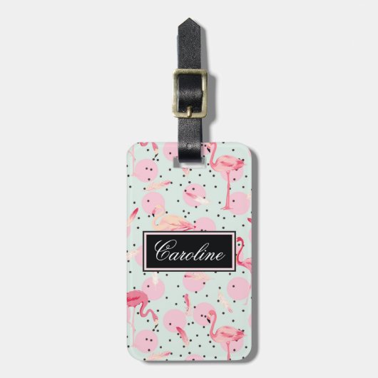 Flamingo-Federn auf Tupfen Gepäckanhänger (Vorderseite vertikal)