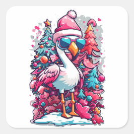 Flamingo Festivals Weihnachtsmannmütze und Brillen Quadratischer Aufkleber