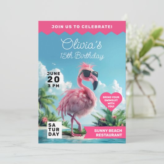 Flamingo Fiesta Beach Bash Extravaganza Einladung (Stehend Vorderseite)