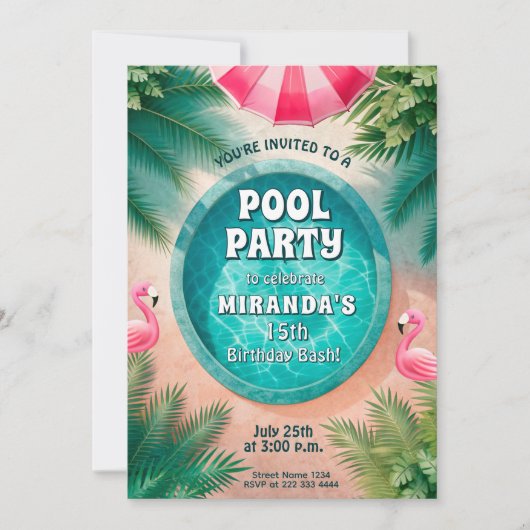 Flamingo Fiesta Pool Party Geburtstag Einladung (Vorderseite)