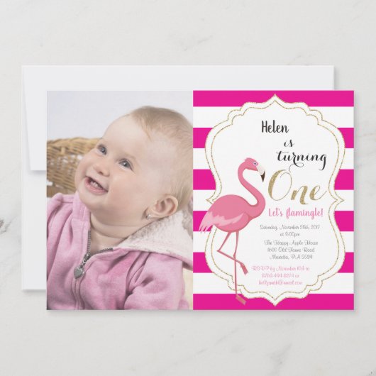 Flamingo First Birthday Invitation Girl Einladung (Vorderseite)