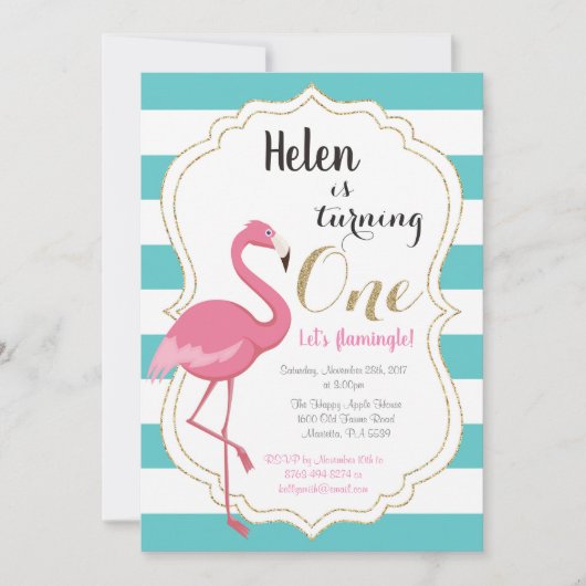 Flamingo First Birthday Invitation Girl Einladung (Vorderseite)