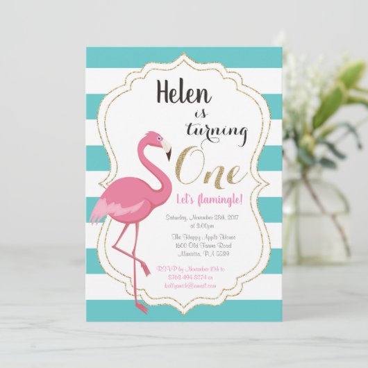 Flamingo First Birthday Invitation Girl Einladung (Stehend Vorderseite)
