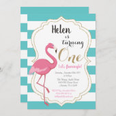 Flamingo First Birthday Invitation Girl Einladung (Vorne/Hinten)