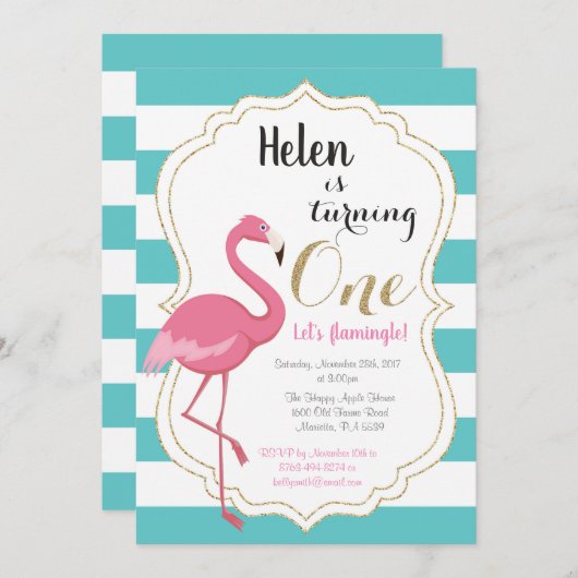 Flamingo First Birthday Invitation Girl Einladung (Vorne/Hinten)