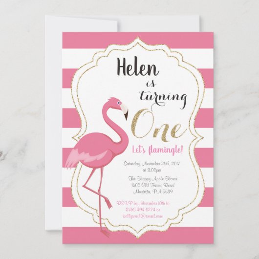 Flamingo First Birthday Invitation Girl Einladung (Vorderseite)