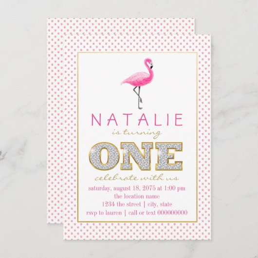 Flamingo First Birthday Party Einladung (Vorne/Hinten)