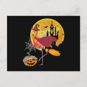 Flamingo   Flamingo Riding Broom Pumpkin Halloween Postkarte