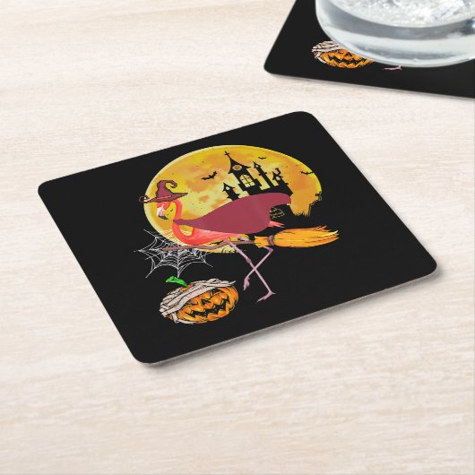 Flamingo | Flamingo Riding Broom Pumpkin Halloween Rechteckiger Pappuntersetzer (angewinkelt)