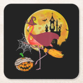 Flamingo | Flamingo Riding Broom Pumpkin Halloween Rechteckiger Pappuntersetzer (Vorderseite)